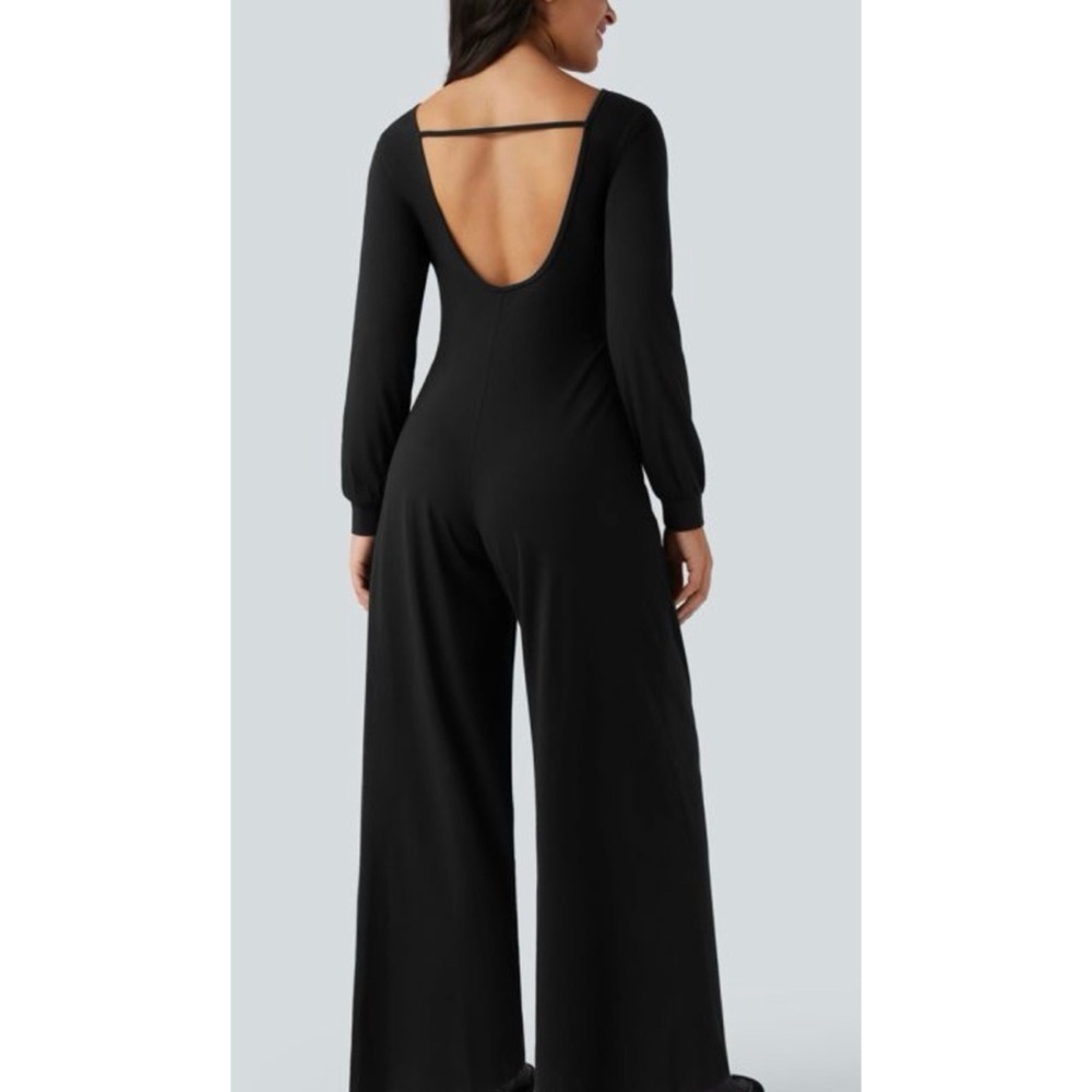 Halara Backless Round Neck Long Sleeve Casual Baggy Jumpsuit with Pockets Black - Picture 2 of 10